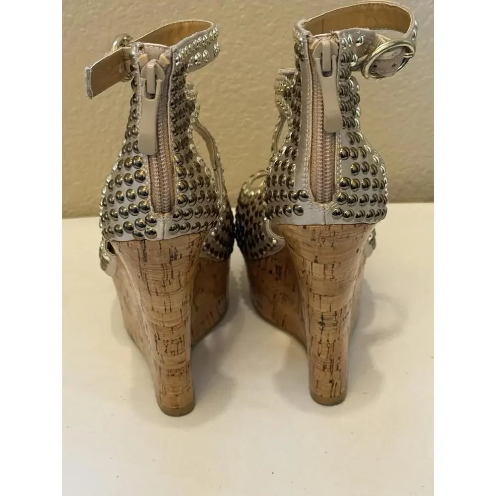 Bebe Studded Caitlyn Size 6 Gold Heel Sandal Wedges‎